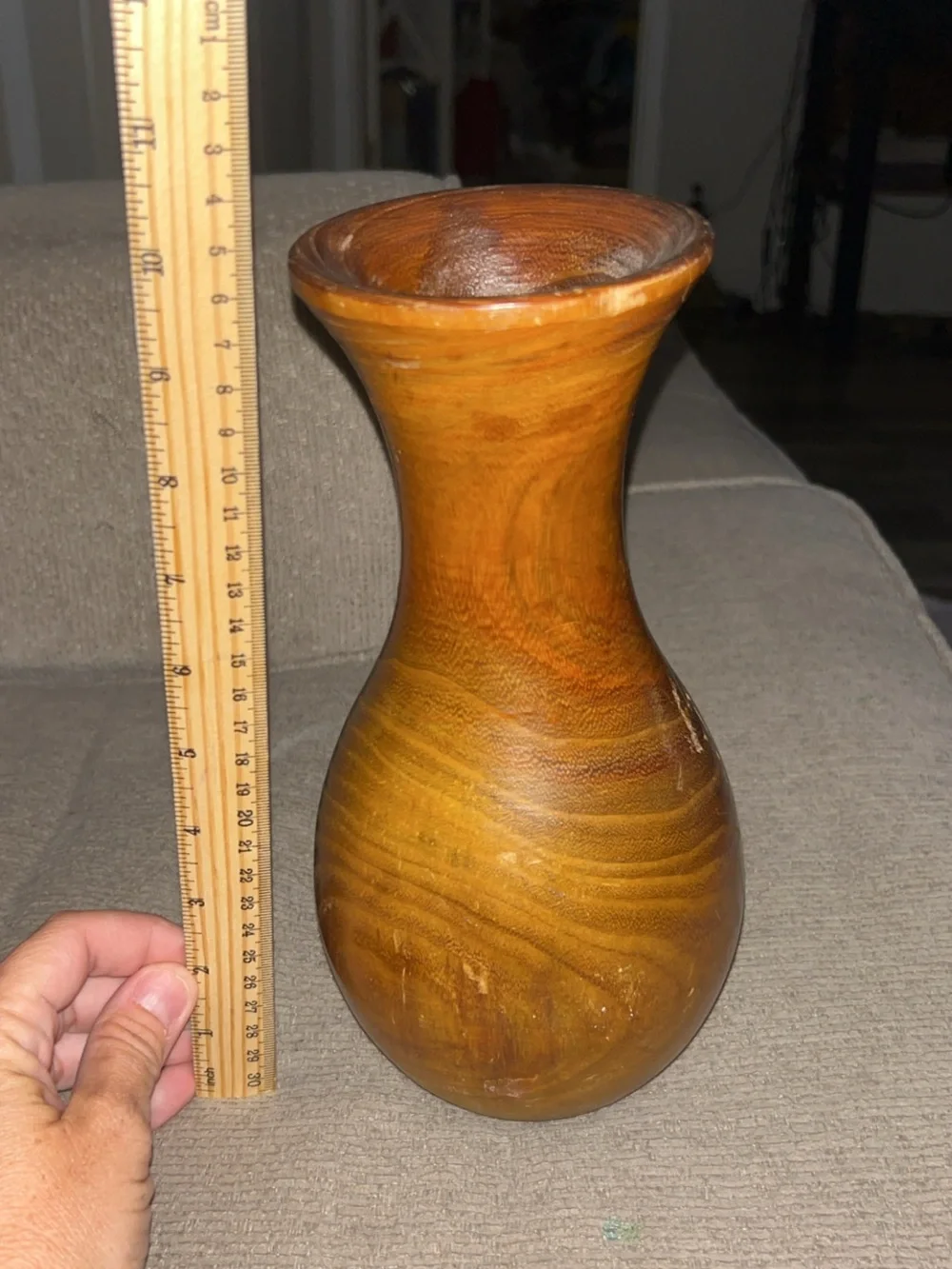 Mid Century Wood Grain Turned Wood Bottle Shape Decorative Flower Vase 10 in